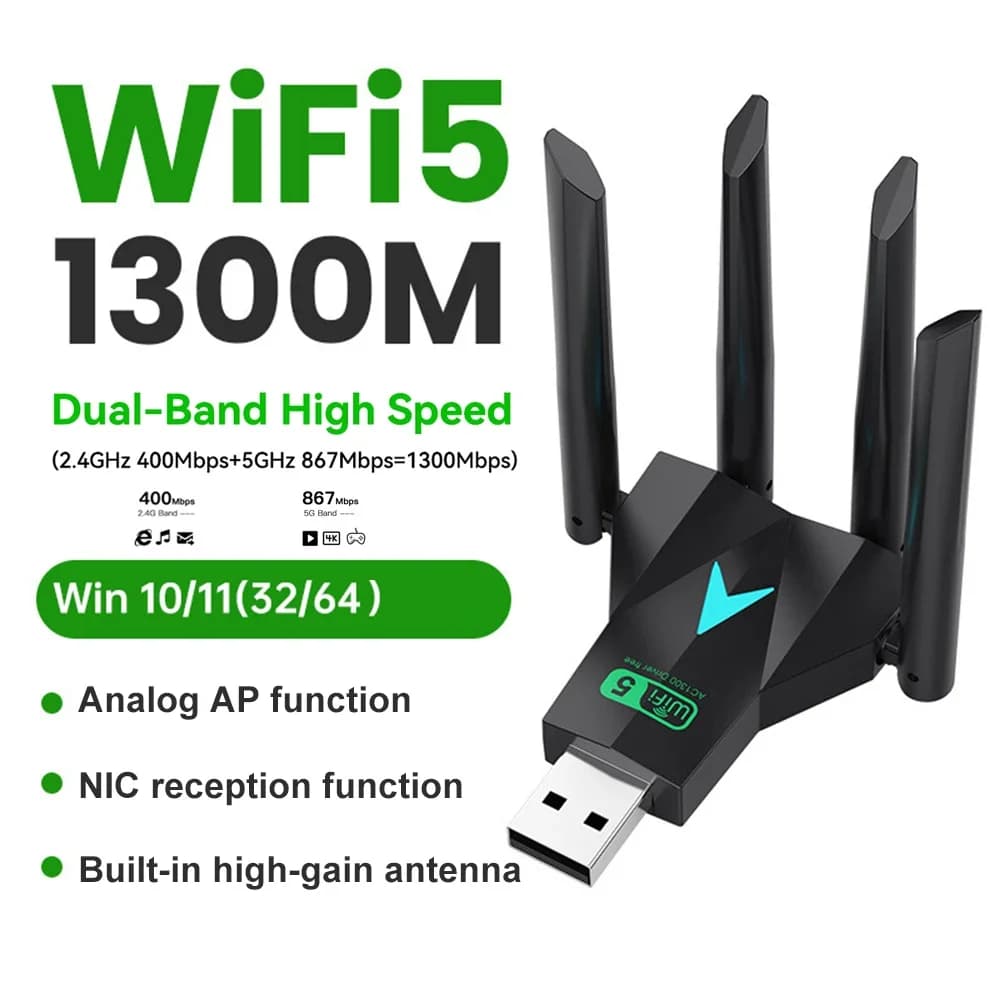 4 antenne 1300Mbps WiFi USB 3.0 Adattatore 2.4G/5GHZ Dual Band WiFi Dongle Scheda di rete wireless 802.11AC per PC/laptop Win