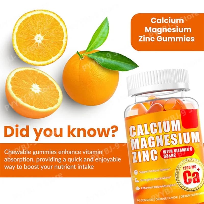 Integratore per Adulti con Calcio, Magnesio, Zinco e Vitamine C, D3, K2 in Gommose, Confezione da 60