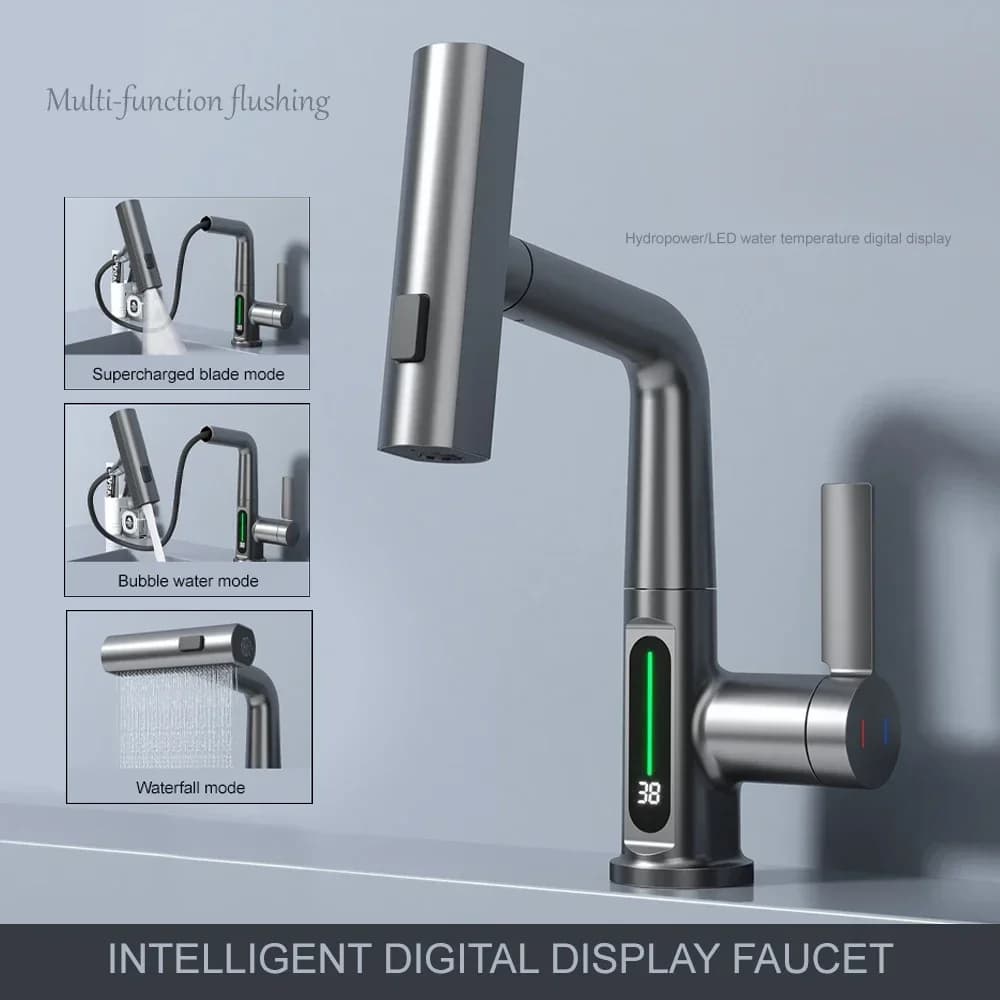 Rubinetto per lavabo da bagno con display digitale estraibile a cascata con flusso LED miscelatore per lavabo spruzzatore a 3 vie attrezzatura per il bagno a risparmio idrico