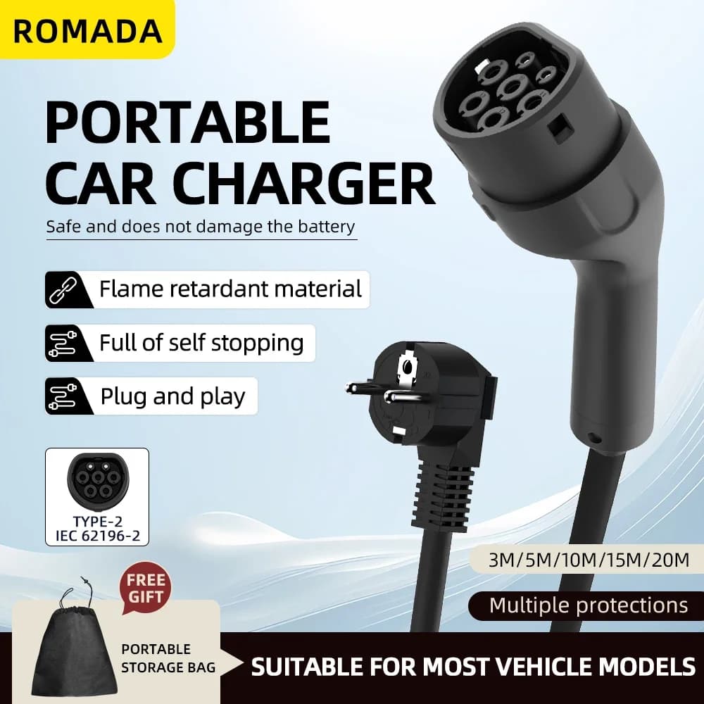 Caricabatterie portatile EV 3,5KW 16A con cavo 3M-20M Type2 IEC62196 Spina UE Adattatore Wallbox Spina e carica per veicoli elettrici