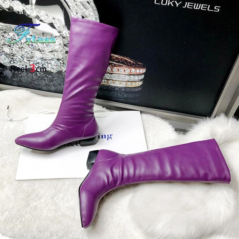 Autumn Winter Cosy Legs Sweat Boots Purple For Women's Point Toe Slip on Low Heel Party Shoes 3 CENTIMETRI Heel High Heel Boots Women's Straps