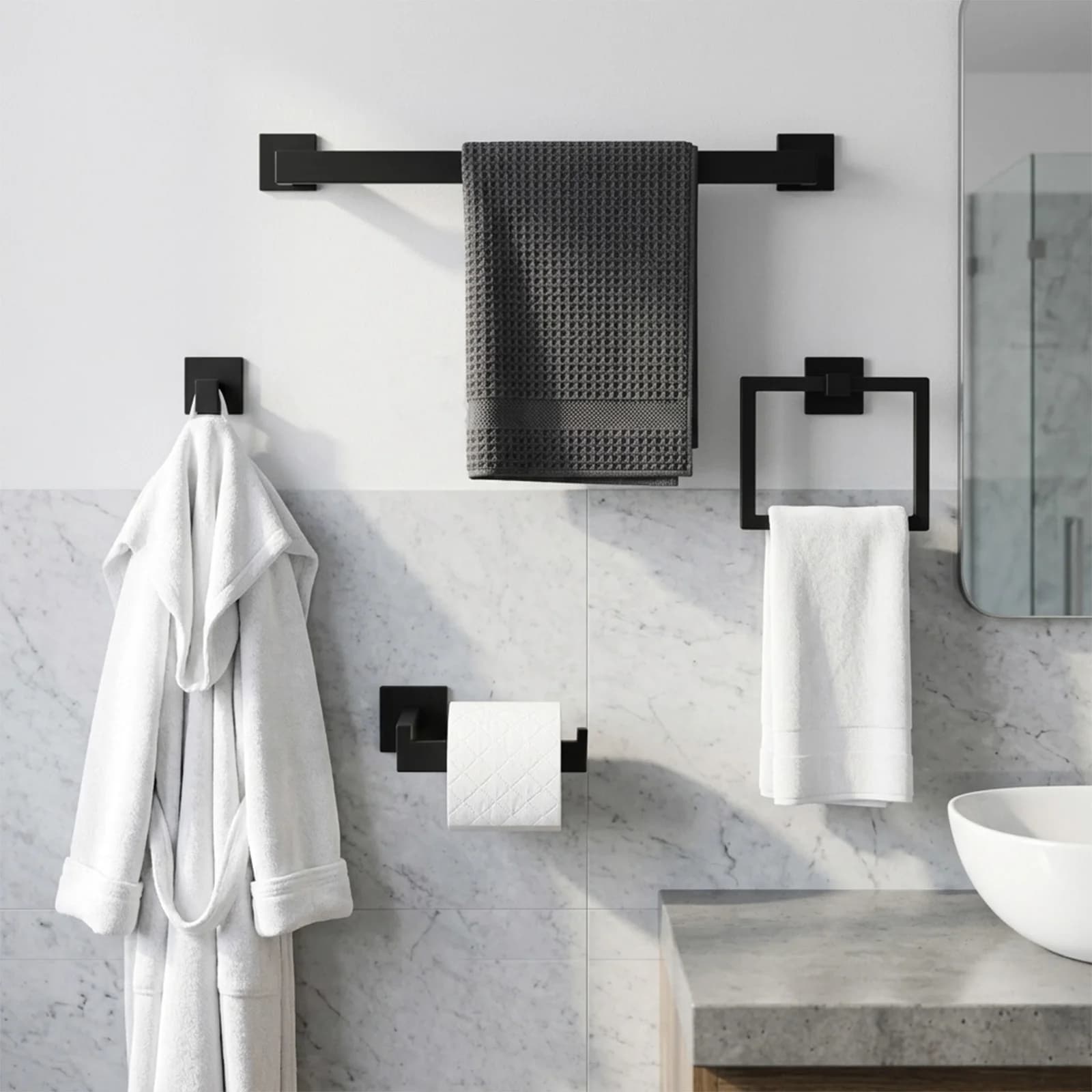 Set di accessori per il bagno neri/oro da 15 pezzi, set porta asciugamani da parete in acciaio inossidabile, porta asciugamani, gancio per accappatoio, porta carta igienica, anello porta asciugamani, organizer completo per il bagno