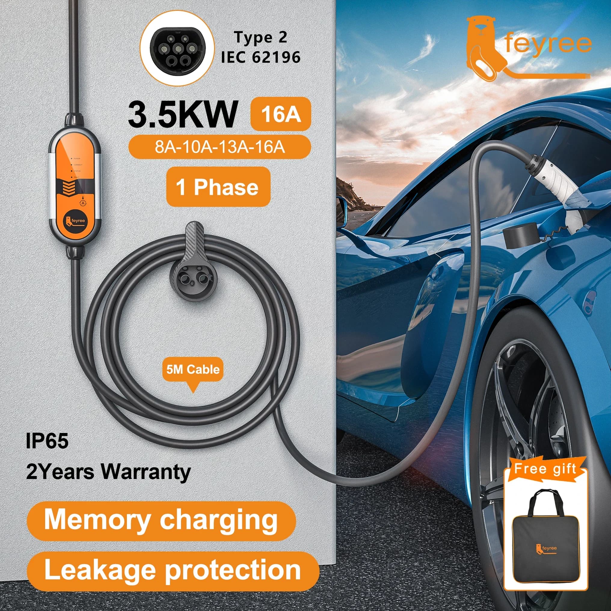 feyree Type2 16A 3.5KW Portable charger EVSE 5 m charging cable with Schuko power plug for electric car charger