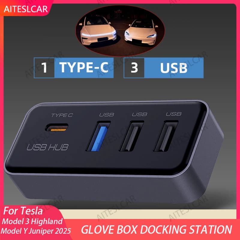 Docking Station USB Hub 4-in-1 for Tesla Model 3 Model Y Glovebox for Dashcam Flash Drive Charger Data Transfer Games Music