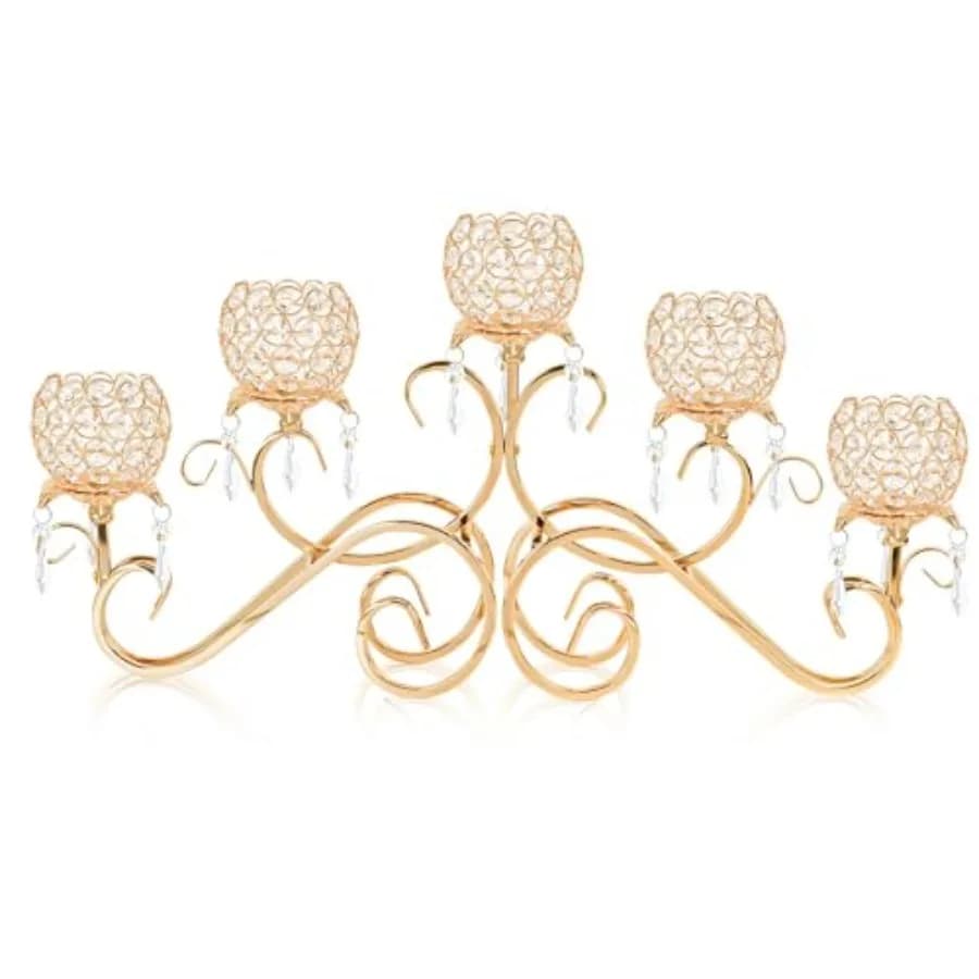 Candelabro in Cristallo a 5 Bracci con Portacandele Votivo, Supporto per Candele Tealight in Metallo a 5 Bracci