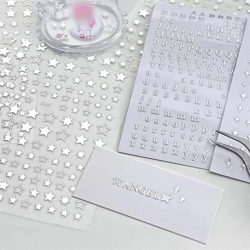 kawai New Arrival 3pcs Set Silver Letters Starburst Star Toploader Decorative Stickers for lovely Stationery Kids Crafts