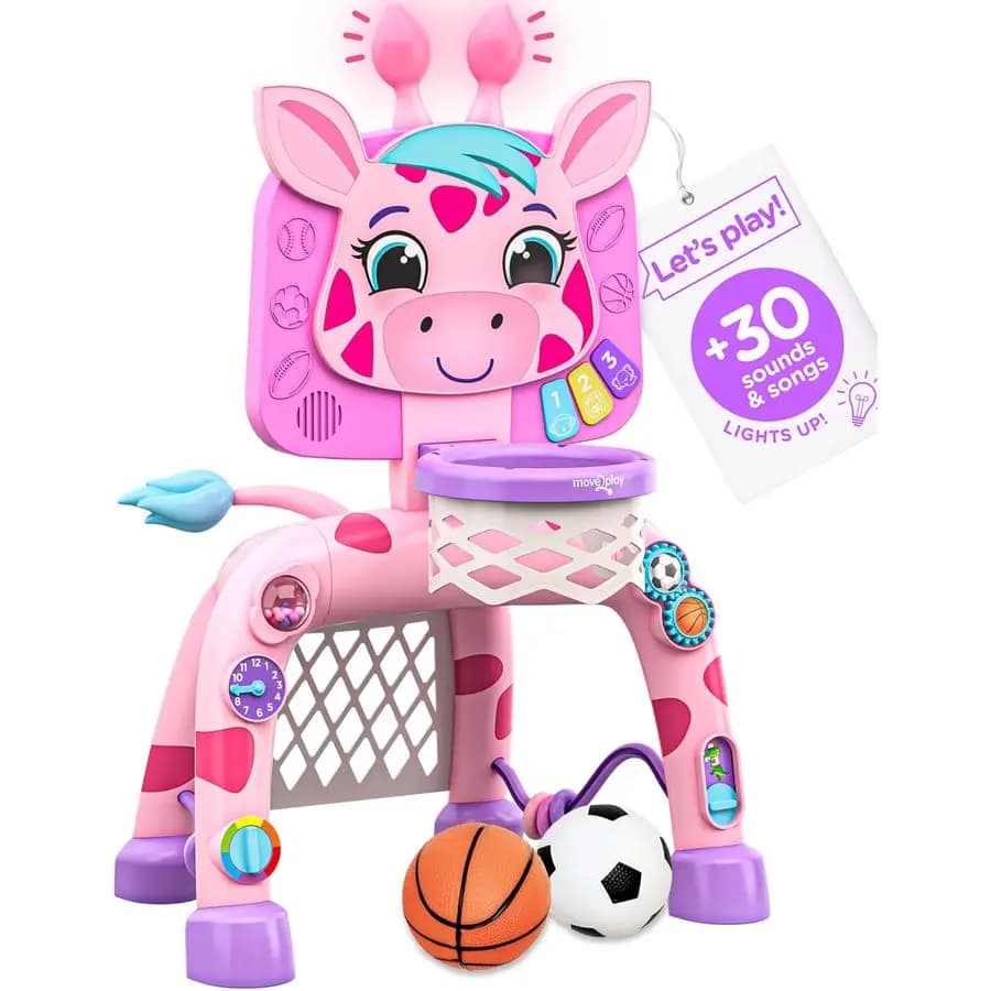Centro Attività con Canestro da Basket e Porta da Calcio a Forma di Giraffa, 30 Suoni e Luci, Regalo per Bambini di 1, 2, 3 Anni e Presente di Compleanno