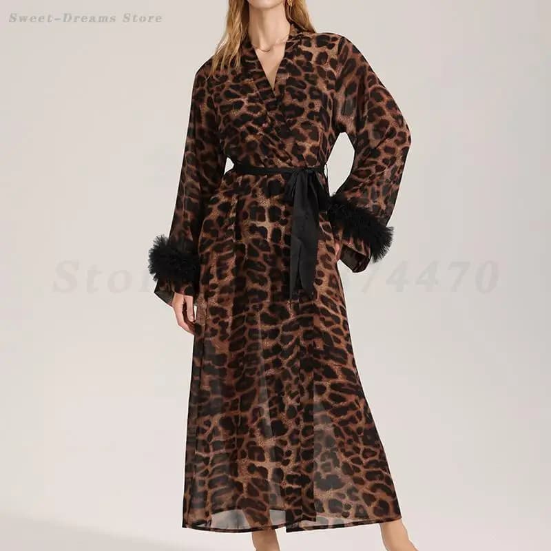 Oversize Night Dress with Leoped Print Sexy Night Dress Long Sleeved Morning Dress Kimono Bathrobe Women's Home Dress Pigiama