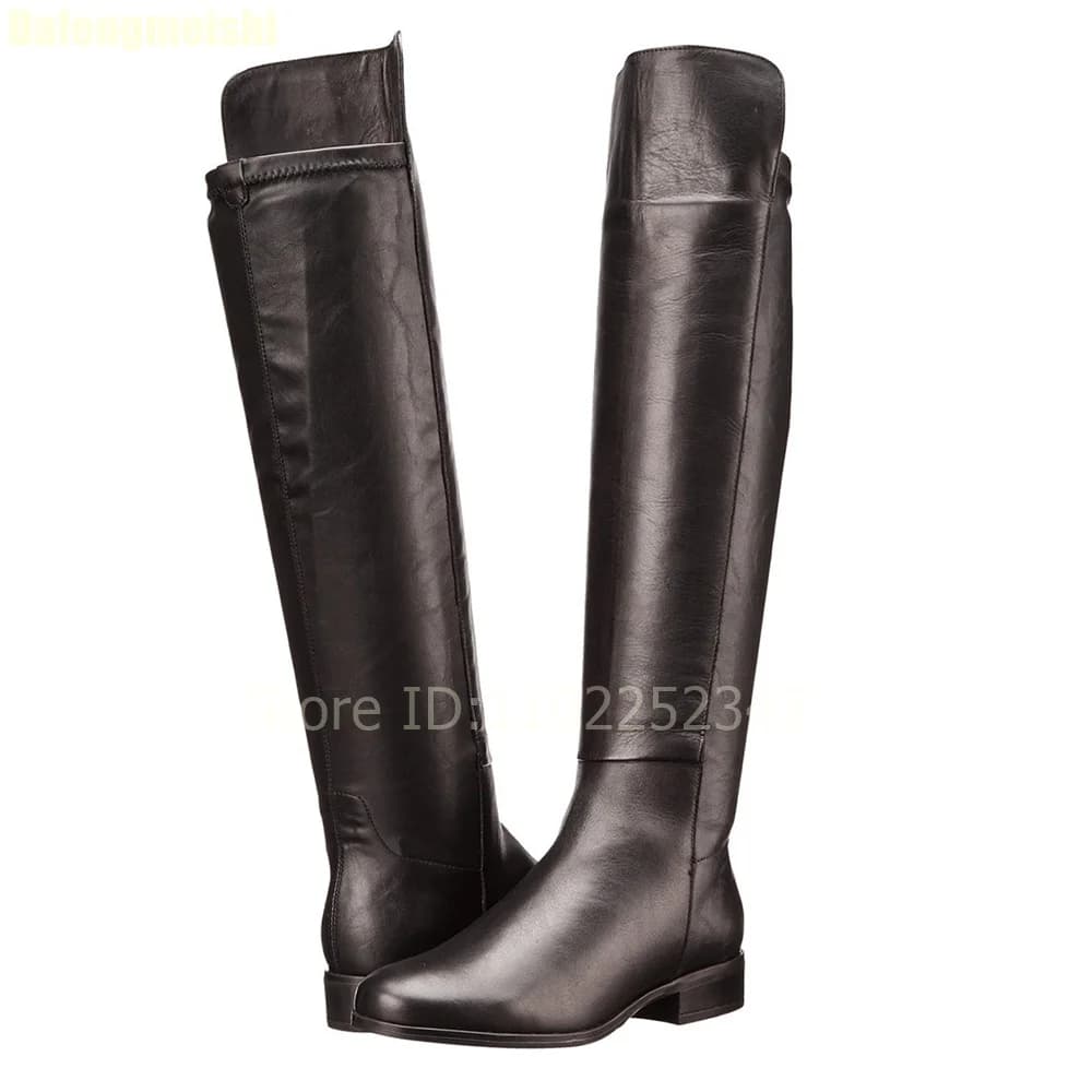 2026 New Women's Winter Boots Black Leather Rider Splicing Apartments Ginocchio 3Cm Heel Round Toe Casual Street Style Boots