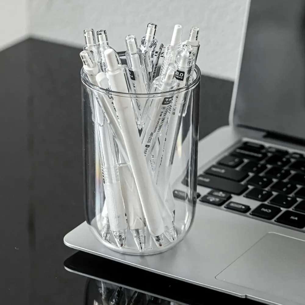 Portapenne in plastica minimalista Contenitore per penne ovale trasparente Secchio portaoggetti per cancelleria Porta pennelli per trucco Organizzatore da tavolo