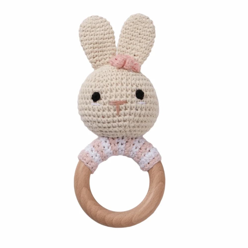 Legno roditore coniglio bambino uncinetto sonaglio morso lavorato a maglia animale del fumetto giocattolo massaggiagengive in legno design lenitivo agganciato giocattoli morbidi