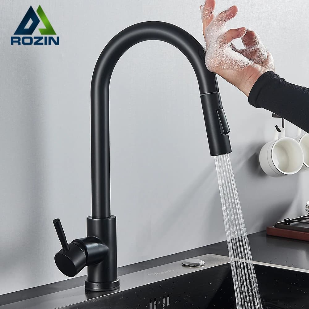 Rozin Rubinetto da cucina Smart Touch Rubinetti con sensore estraibile nero Nero/Nichel Gru con rotazione a 360 gradi Rubinetti miscelatori acqua a 2 uscite