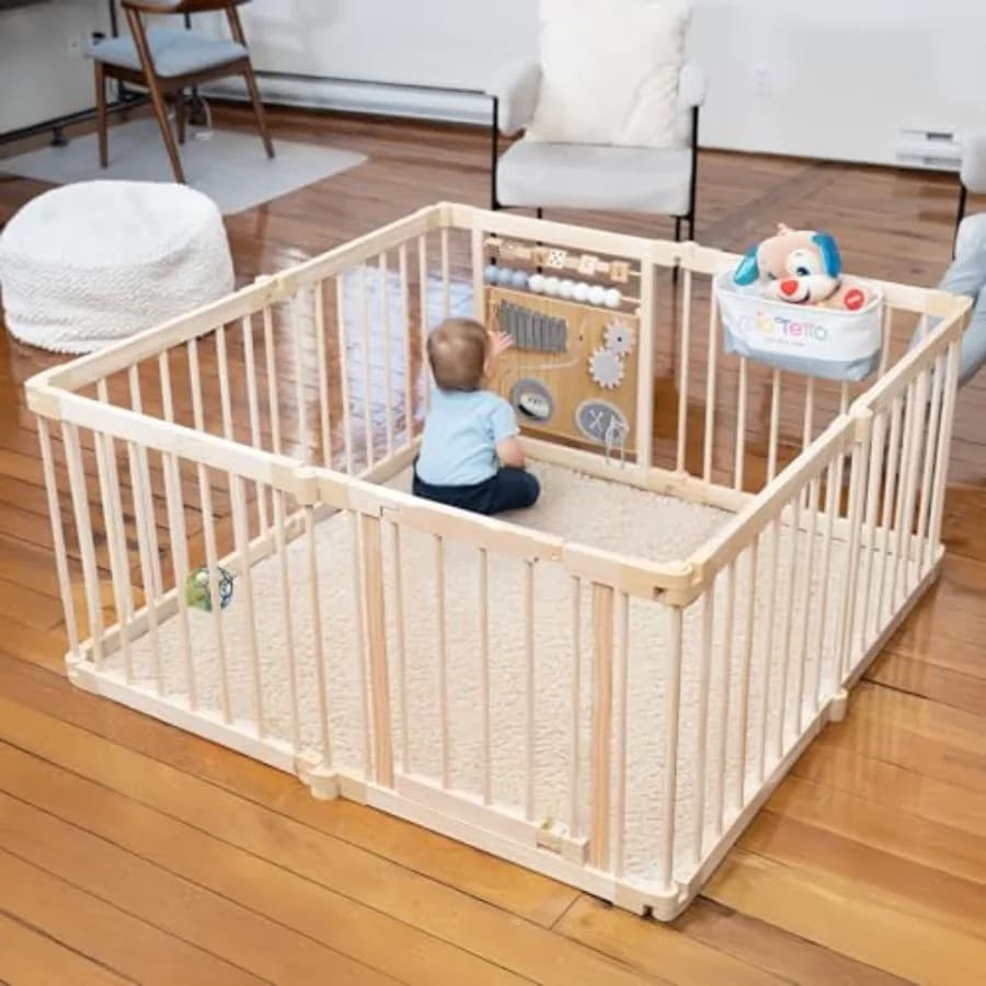 Box per Bambini in Legno con Giocattoli Montessori per Stimolazione e Sviluppo Sensoriale, Recinto in Legno per Giocare e Gattonare