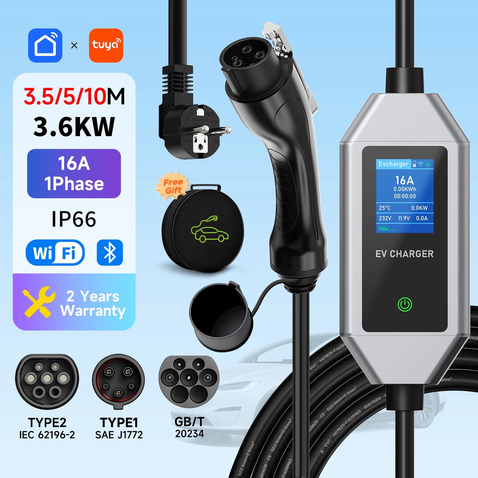 EV Type1/Type2 16A 3.6 kW portable charger cable with WiFi APP control for EVSE domestic car wallbox