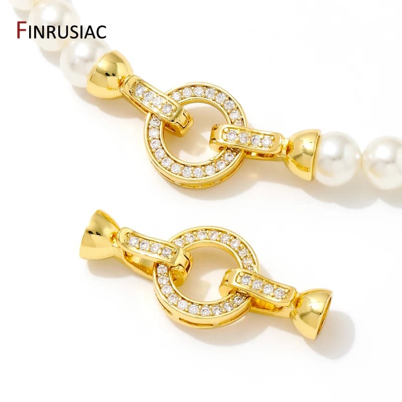 Round connector closures with inlaid zircons plated in 18K gold for the realization of bracelets, terminal stoppers Creation of handmade DIY jewellery