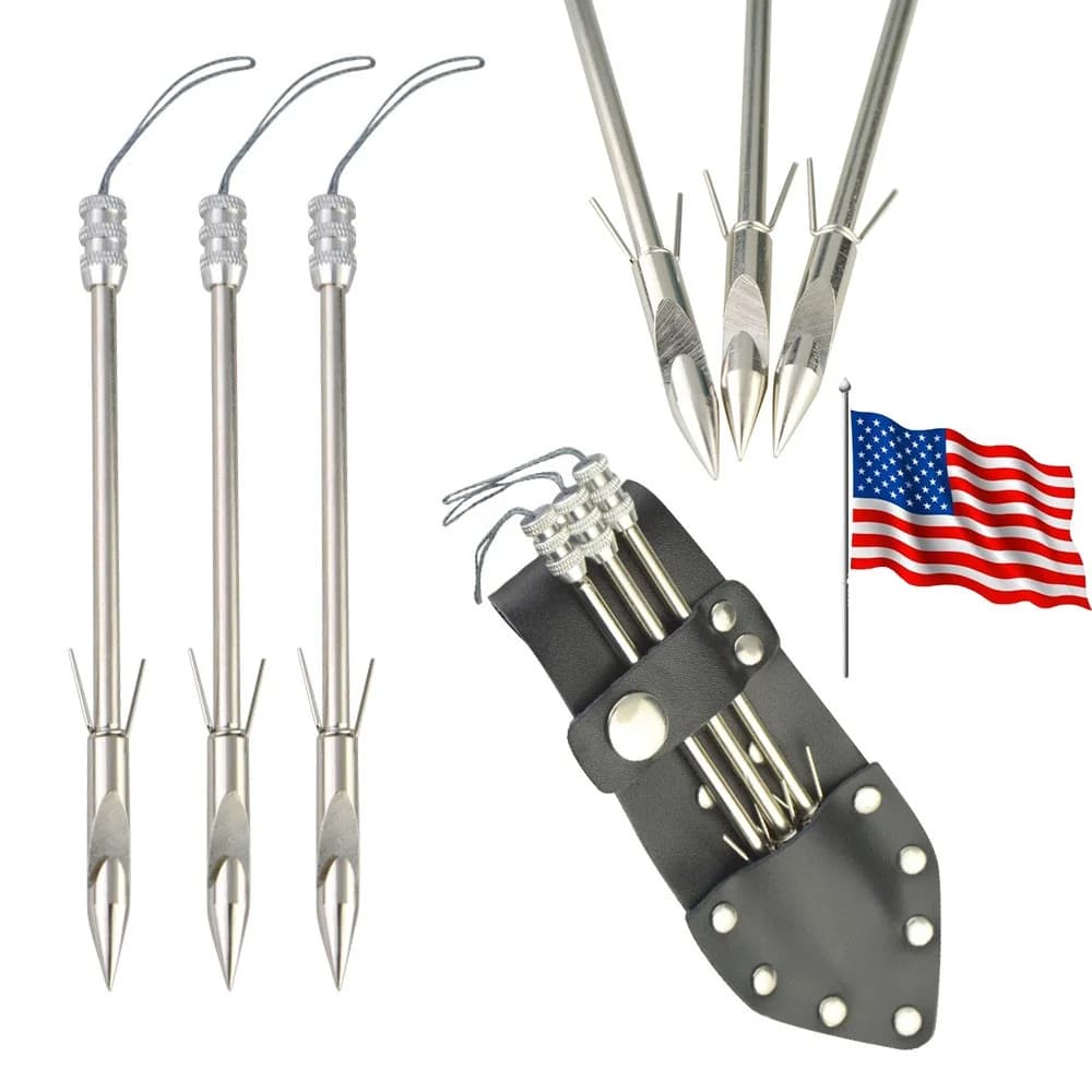 Bowfishing Arrowheads Darts Set 6 Pack Stainless Steel Slingshot Fishing Shaft Tips Complete with Carry Quiver Sharp Durable Fish Dart Heads Fit Most Catapult & Bow Outdoor Hunting Fishing Gear