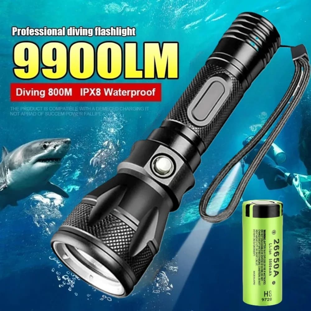 Torcia Subacquea Professionale, Profondità 100M, Lampada da Immersione con Batteria 18650, Torcia Portatile Ultra Potente con Cordino