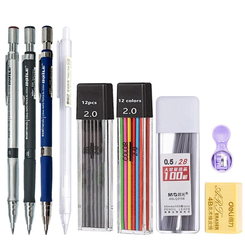 2,0 mm mechanical pencil set with lead charging 2B black/color for writing, sketches, artistic design, painting, automatic pencil for school