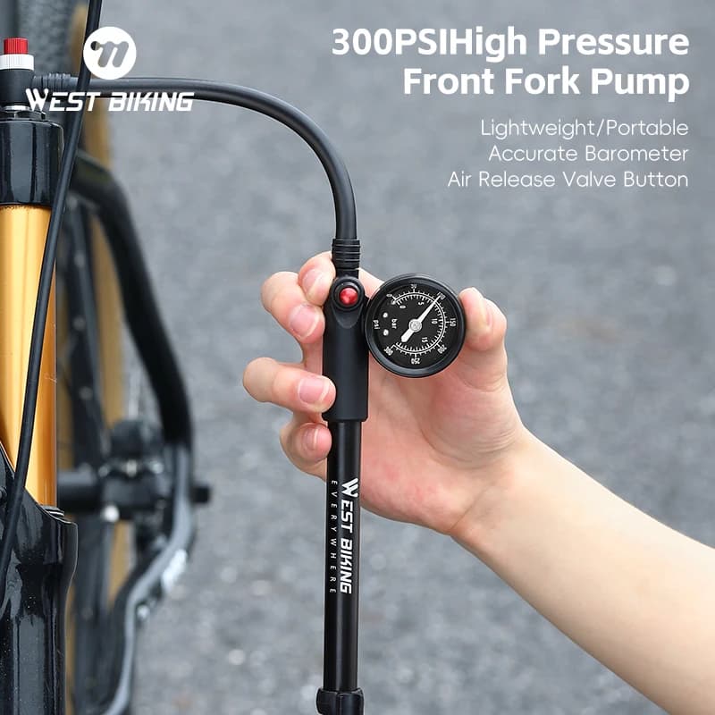 WEST BIKING Bicycle Pump 300PSI/400PSI High Pressure With Gauge Bike Front Fork Pump Schrader Valve Inflator Bike Accessories