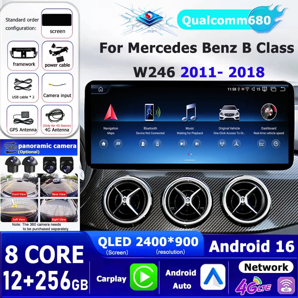 Car Multimedia Radio Video Player Android 16 For Mercedes Benz B Class W246 2011 - 2018 Auto Wireless Carplay GPS WiFi DSP BT
