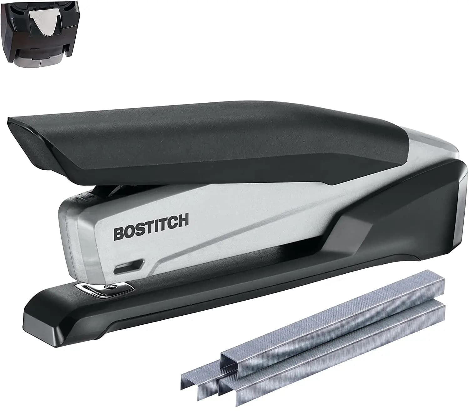 Cucitrice 3 in 1 con 210 Graffette e Smagliacuciture, Cucitura con un Dito, Capacità 20 Fogli, Azionamento a Molla, Nero/Grigio