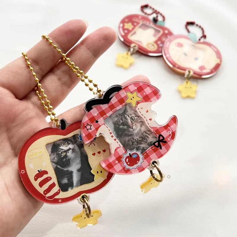 Photo Frame Pendant with 1 Piece Apple Shape Acrylic Slide, Keychain Pendant with Card Bag Decoration with 1 Inch Photo Frame