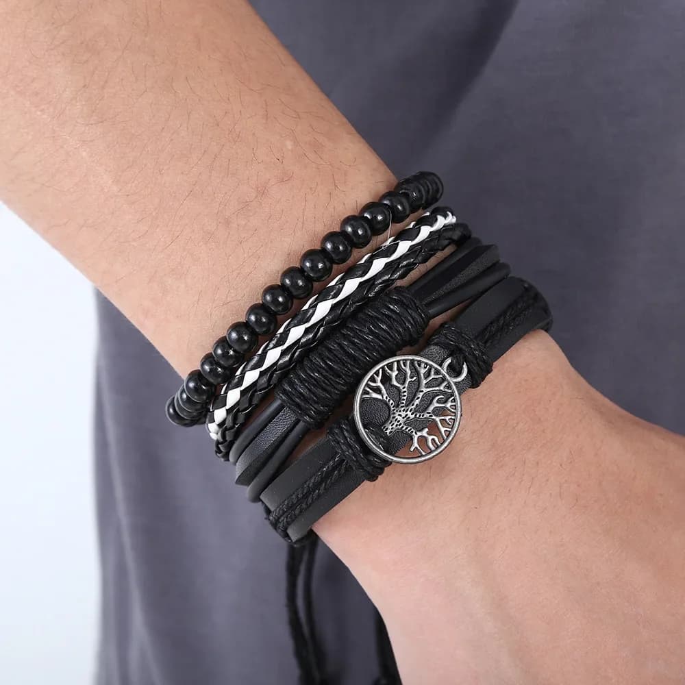3-4 pezzi Set di braccialetti in pelle Vintage per uomo albero della vita fascino nero intrecciato perline di corda catena avvolgere braccialetto gioielli fatti a mano da donna