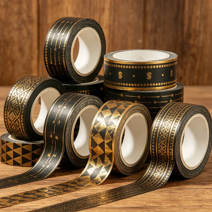 10 Rolls Golden Foil Washi Tape, Black Vintage Decorative Masking Tape, Geometric Wave Pattern Aesthetic Scrapbooking Tape