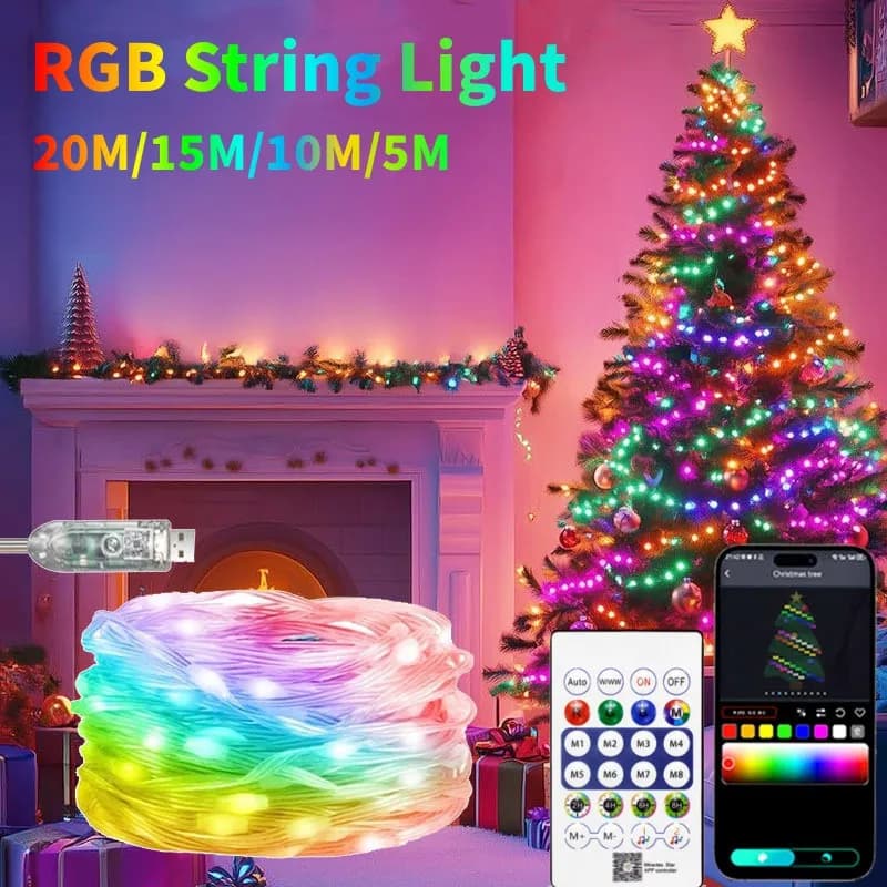 Dreamcolor RGBIC USB Sting Light Bluetooth APP Lucine a LED fai-da-te Decorazione ghirlanda per albero di Natale Festa di compleanno di nozze