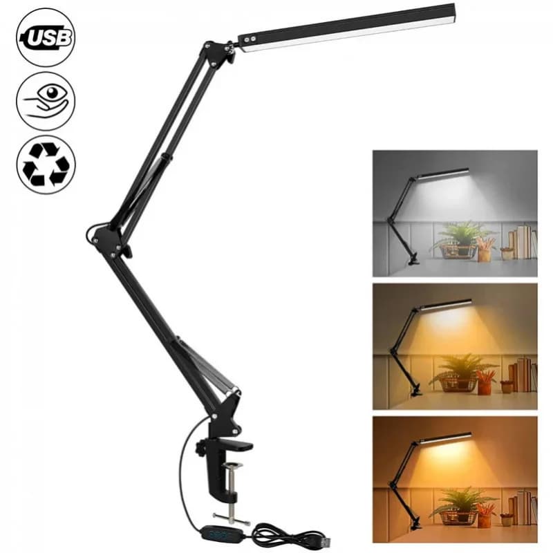 Lampada da Scrivania LED 10W con Morsetto e Braccio Orientabile, Luce da Tavolo Dimmerabile con 10 Livelli di Luminosità, 3 Modalità, Ricarica USB