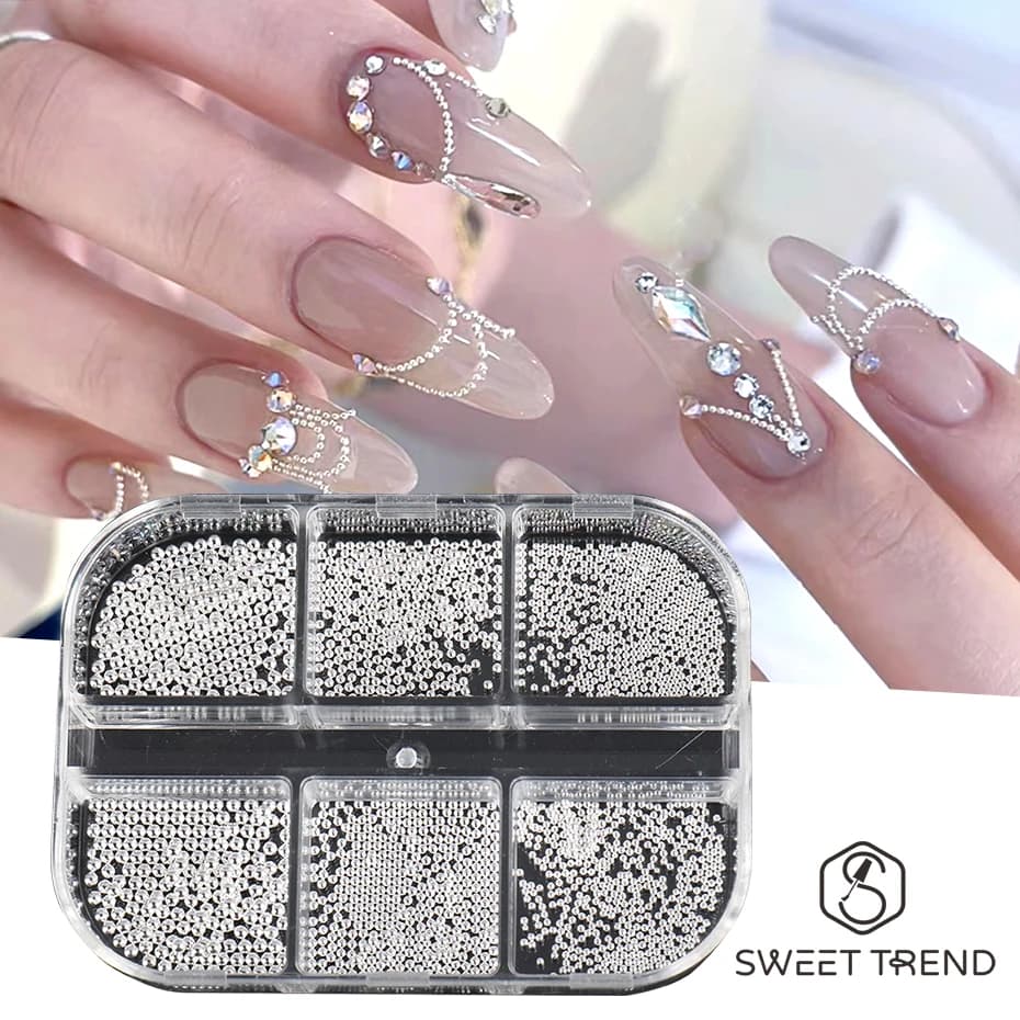 6 Grids Mini Caviar Nail Beads 0.6-2mm Silver Stainless Beads Jewelry Metal Tiny Balls DIY Charm Accessories Manicure Decoration