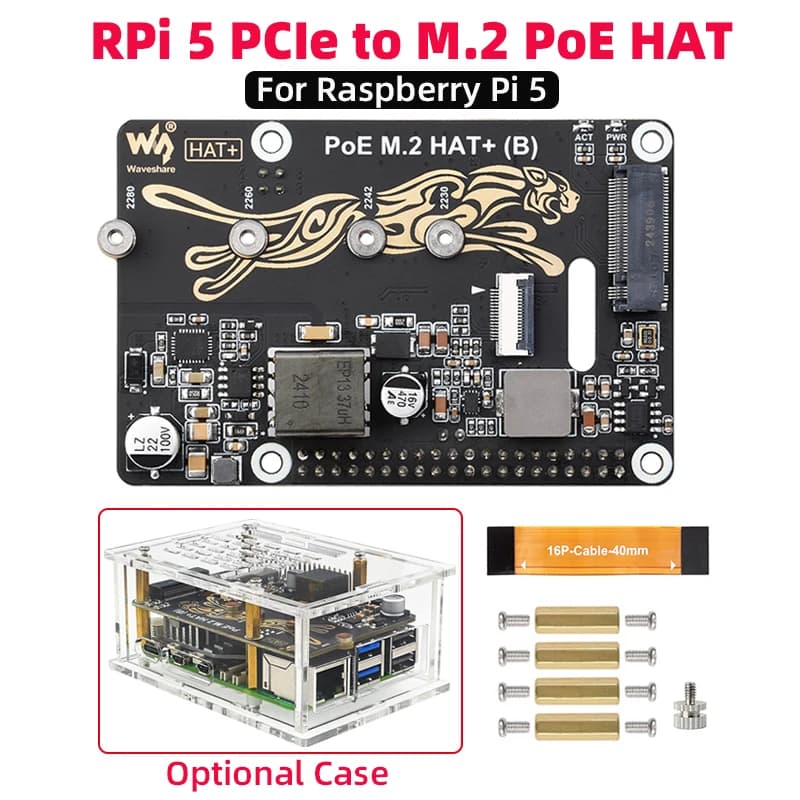 Raspberry Pi 5 PCIe to M.2 with PoE HAT + for NVMe M.2 SSD PoE HAT Optional Acrylic Case Shell Active Cooler for Pi 5