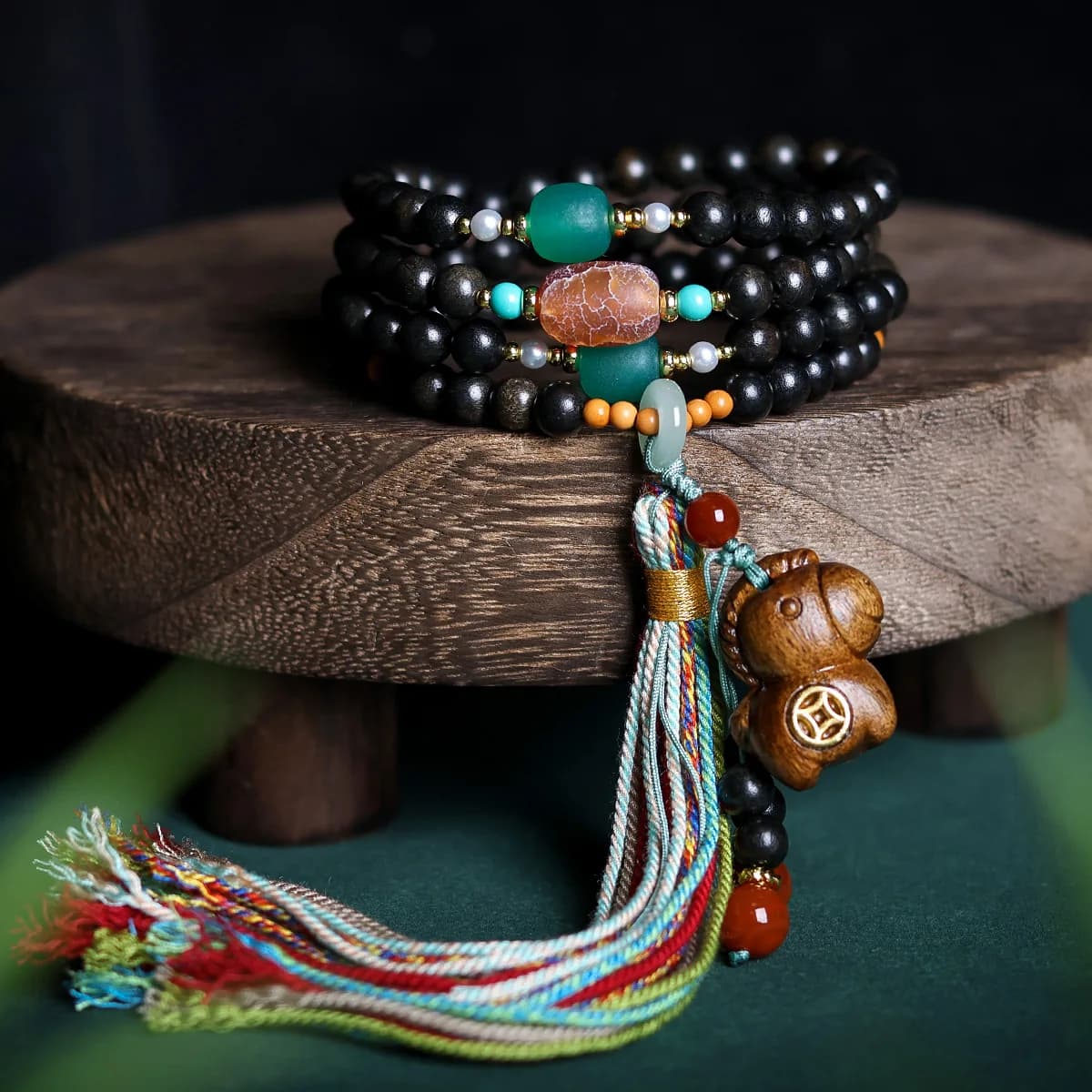 Handwoven Multi Strand Sandalwood Agarwood Beaded Bracelet with Tassel Sweater Chain for Women Gifts
