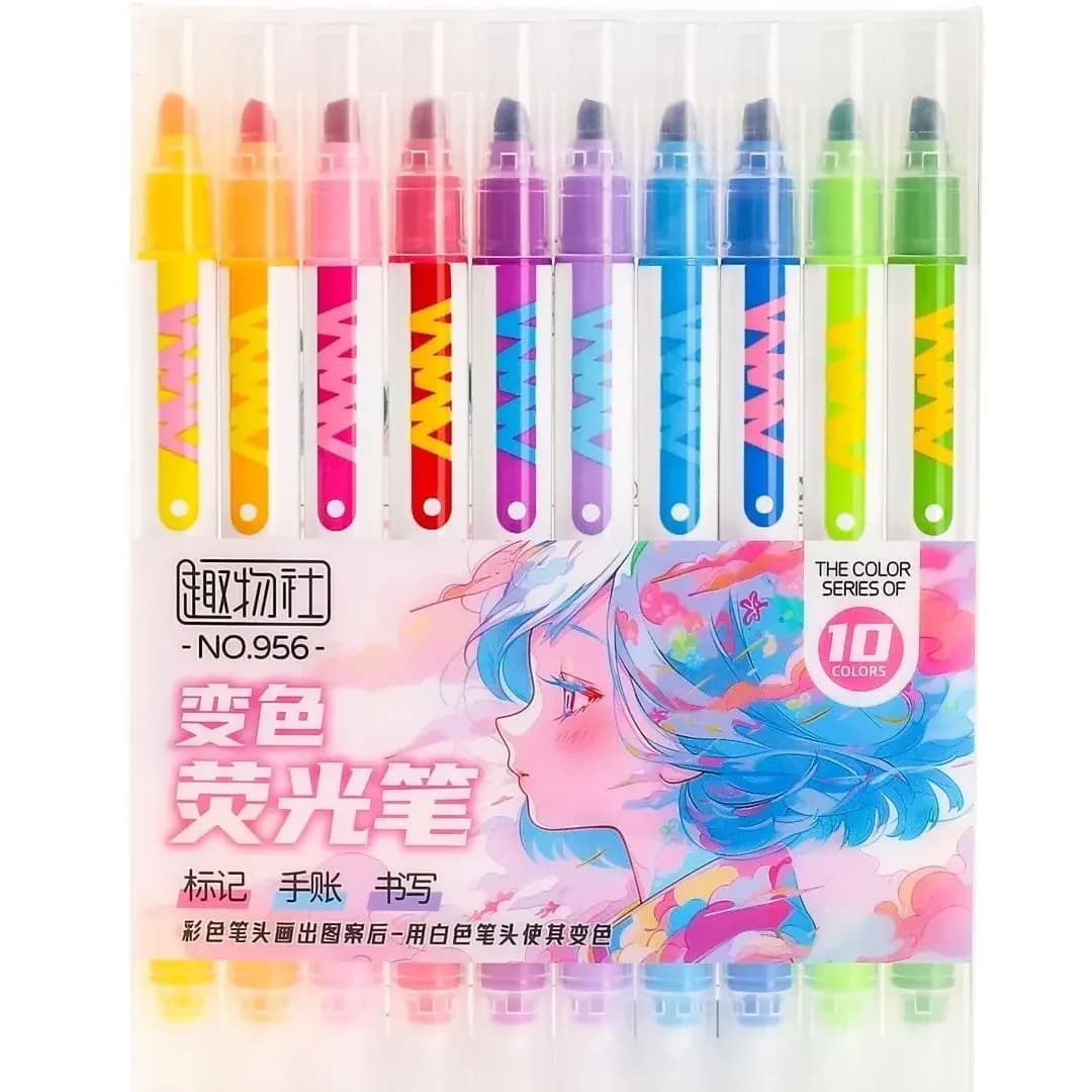 10 pieces set of magic highlighters changing color to double tip, diary, album, painting, DIY creation, Kawaii stationery for student office