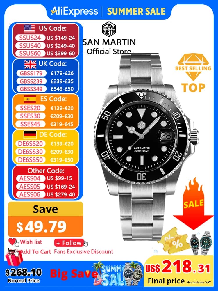San Martin Updated Version 40mm Water Ghost Diver Men's Watch Automatic Luxury Watches Sapphire Waterproof 200m SN0017