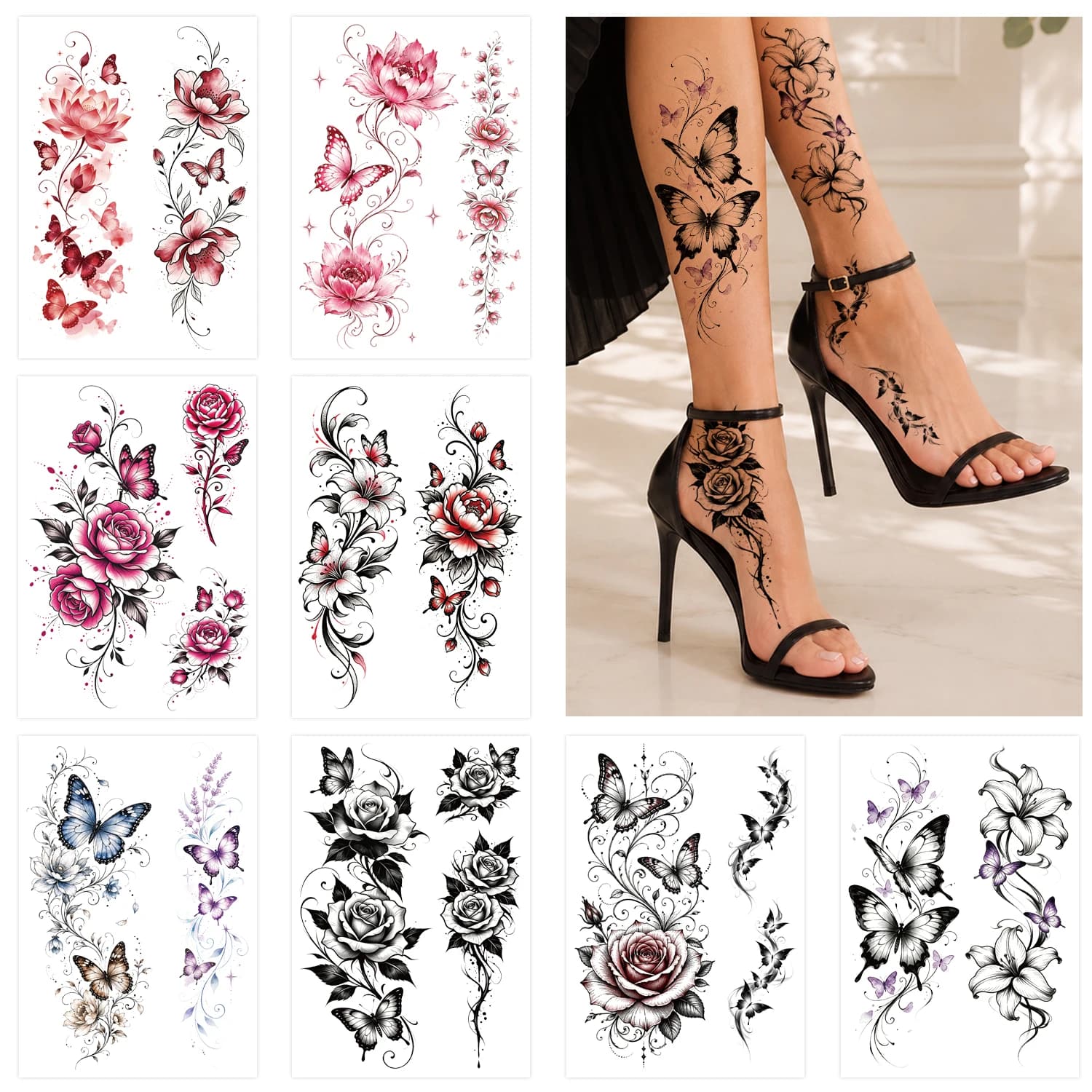 8 fogli di bellissimi tatuaggi temporanei con fiori di farfalla per donne, piedi, mani, body art, tatuaggio finto floreale realistico con rose e peonie
