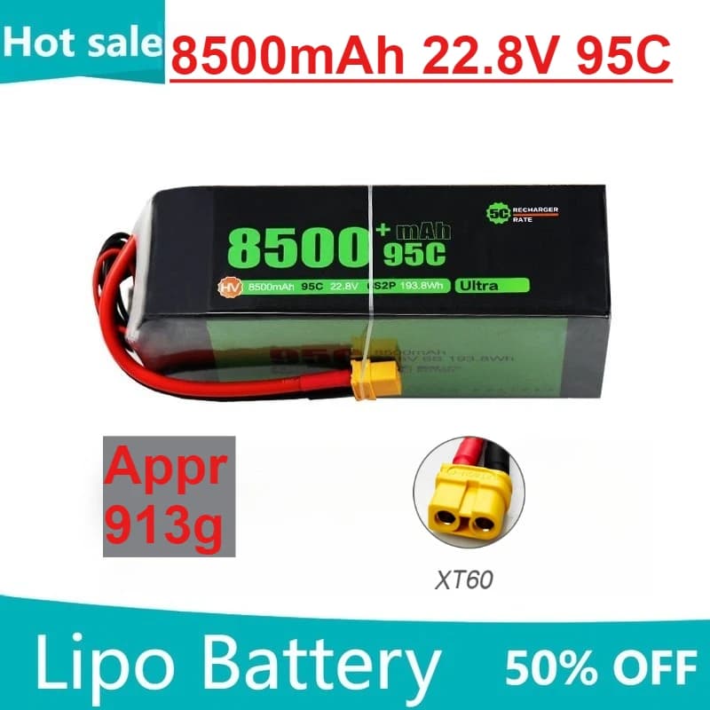 Batteria LiPo ad alta capacità 8500mAh 22.8V 95C per RC Quadcopter Elicottero FPV Racing Drone Pezzi di ricambio 6s Batteria ricaricabile