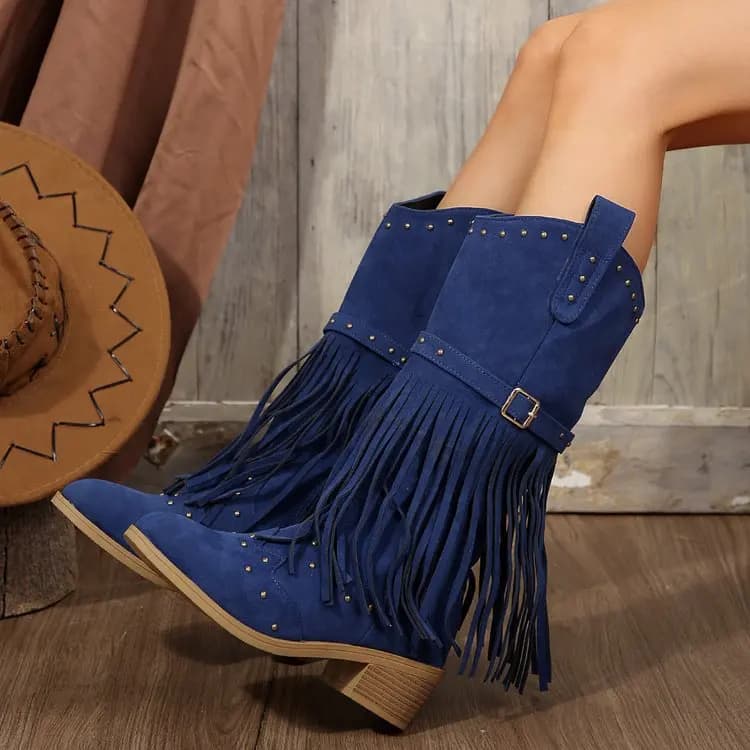 Autumn and Winter Women's Pointe Frange Chunky Heel High Boots Plus Size Fashion Retro Rivet Buckle Clasp Hinge Mid Pulp Boots