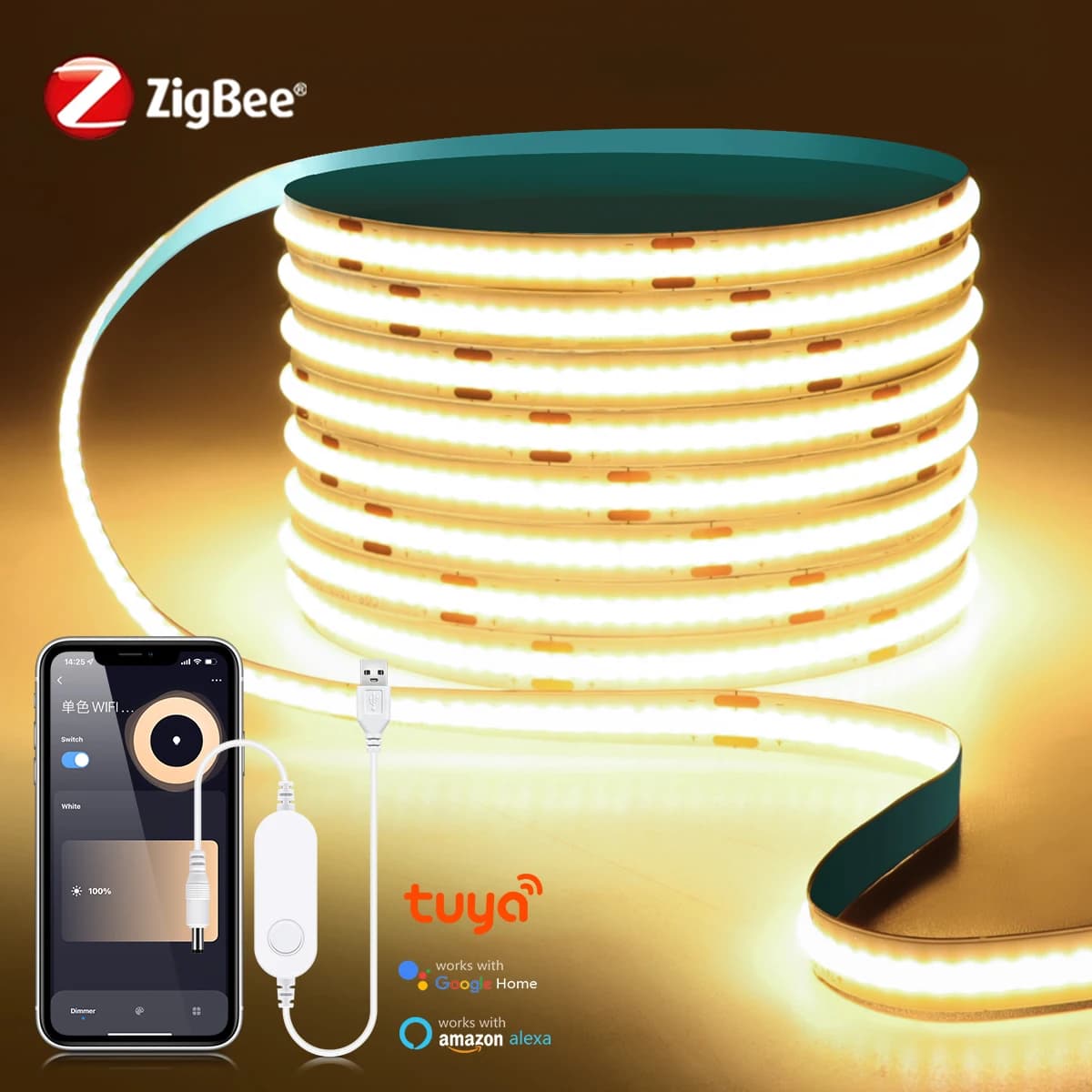 Smart Switch ZigBee COB Luci a LED Striscia Tuya Alexa USB 5V Dimmerabile Nastro al neon Camera Cabinet Car Decor TV Retroilluminazione Lampada WIFI 1-5M