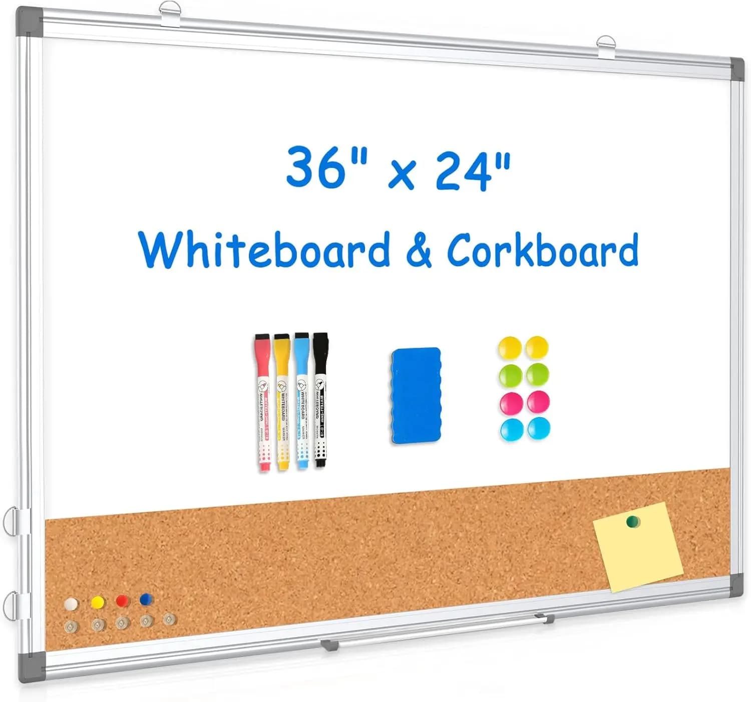 Lavagna in sughero bifacciale da 36x24 pollici combinata con telaio in alluminio, pennarelli e accessori per ufficio, casa, scuola