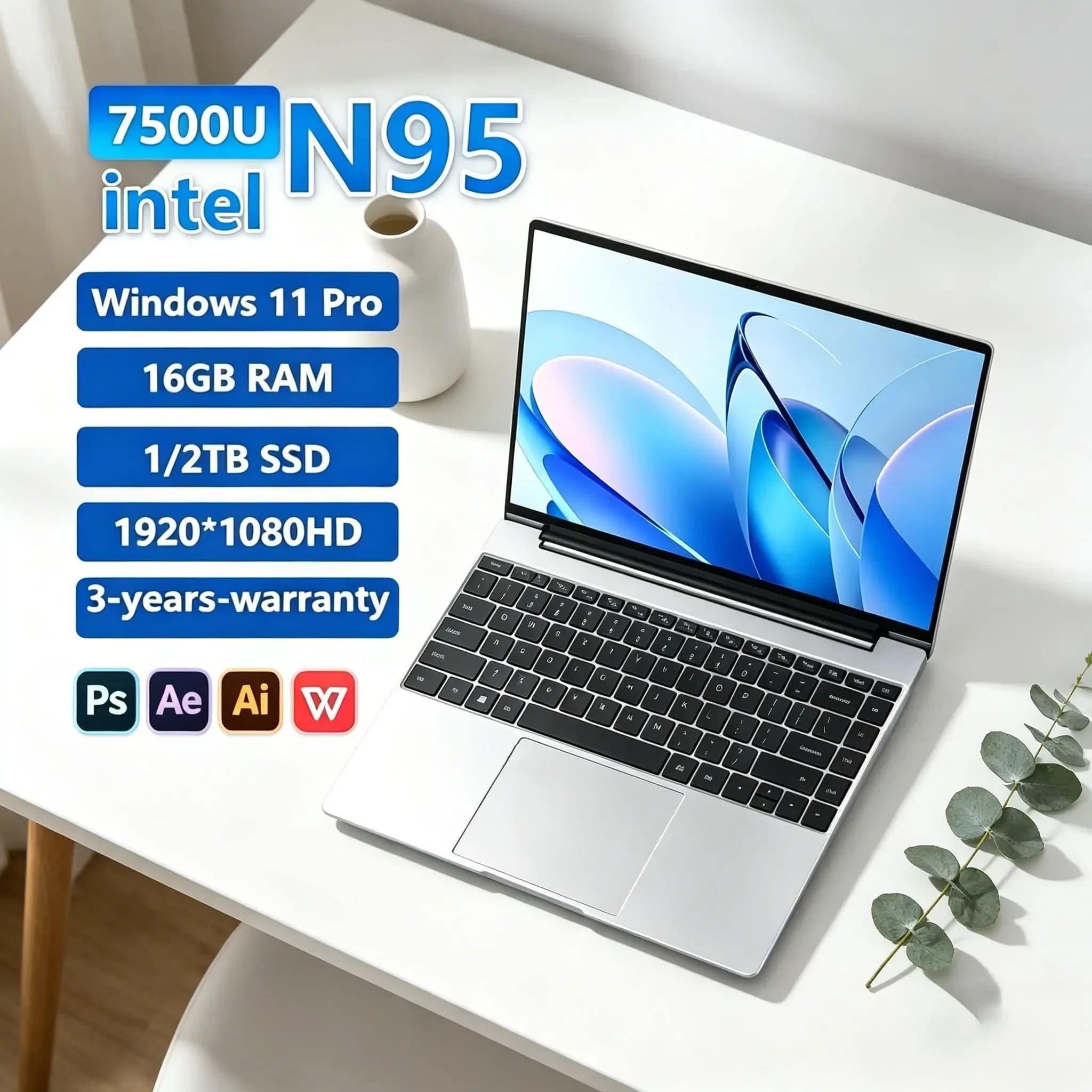 Laptop Originale N95 da 14.1", Schermo IPS FHD 120Hz, Batteria 7500mAh, SSD 32GB/2TB, Tastiera Retroilluminata, Sblocco con Impronta Digitale