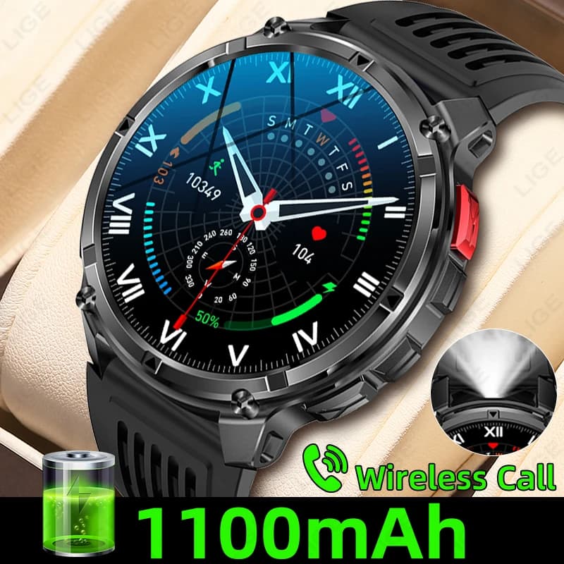 LIGE 1100mAh Battery Air Sports Open Watch Smart Men LED Flashlight Compass Cardiac Frequency IP68 Waterproof Bluetooth Smartwatch Call
