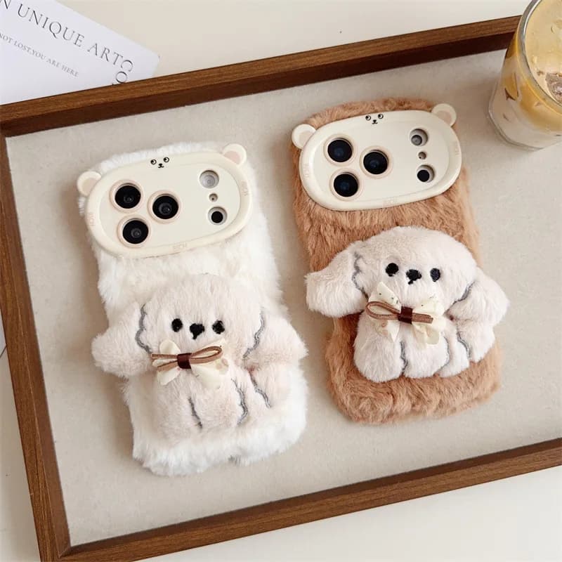 Soft and warm plush phone case with 3D cartoon bow for iPhone 17 Air 16 15 14 13 12 11 Pro Max with shockproof cover with cord