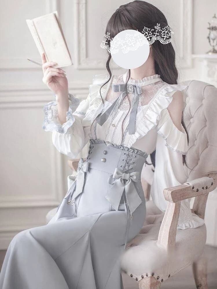 Set of 2 pieces sweet Japanese style Lolita woman's sweet casual shirt with high waist elegant skirt longuette slim set lace skirt fashion