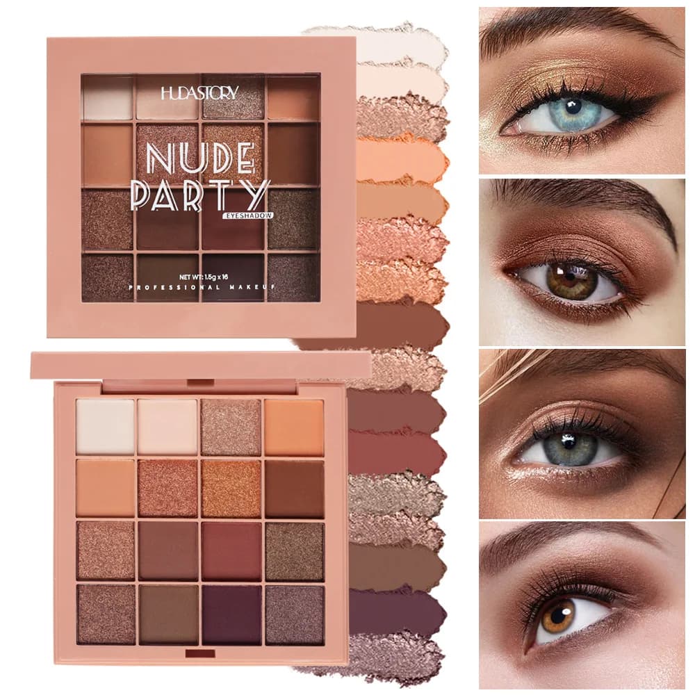 Palettes of 16-colored umbrellas, brown coffee and nude tones, opaque glitter and metallic finish, smoky makeup, party and stage