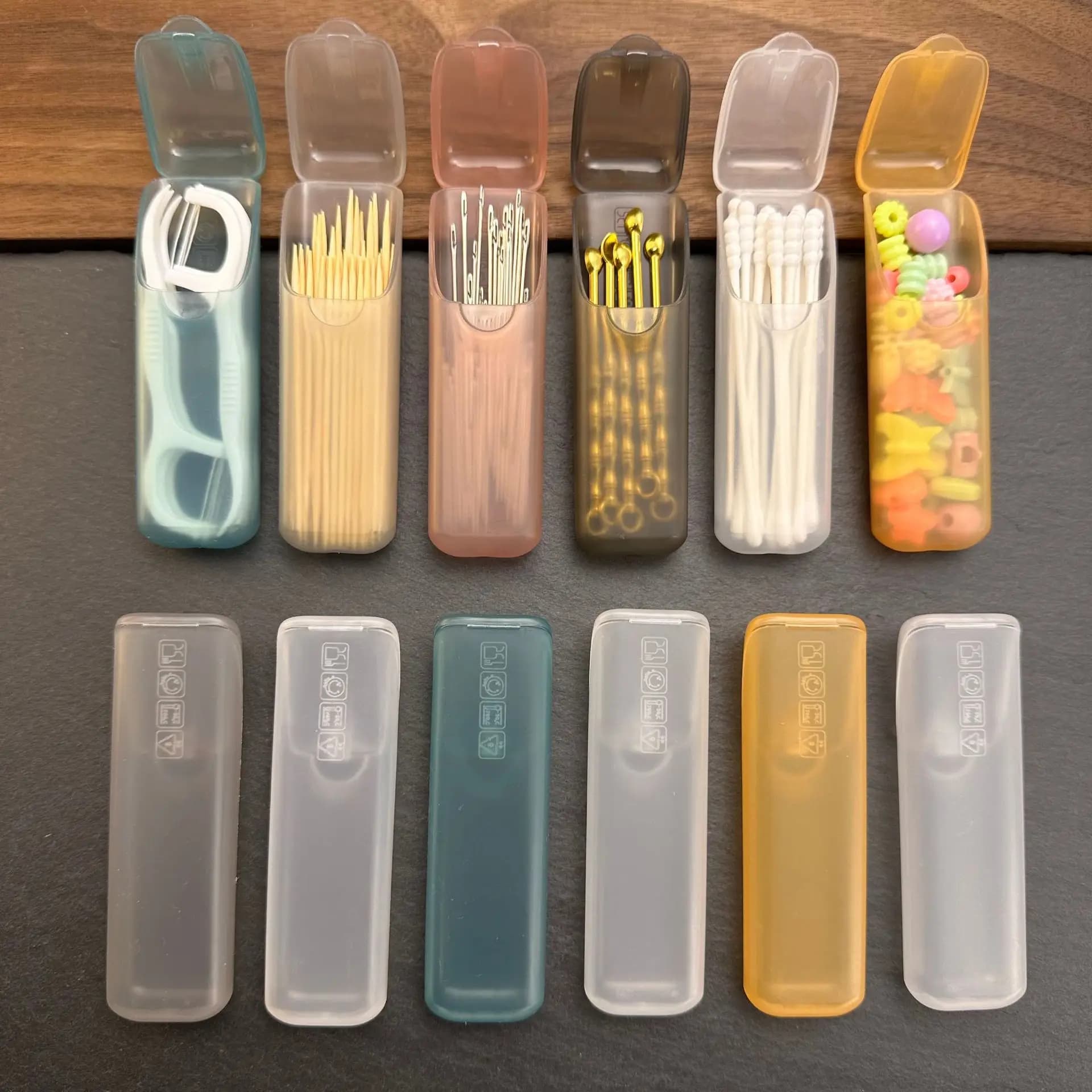 Mini 4 piece portable storage boxes, travel toothpicks for small parts organizer, floss, pills and jewelry storage compartments
