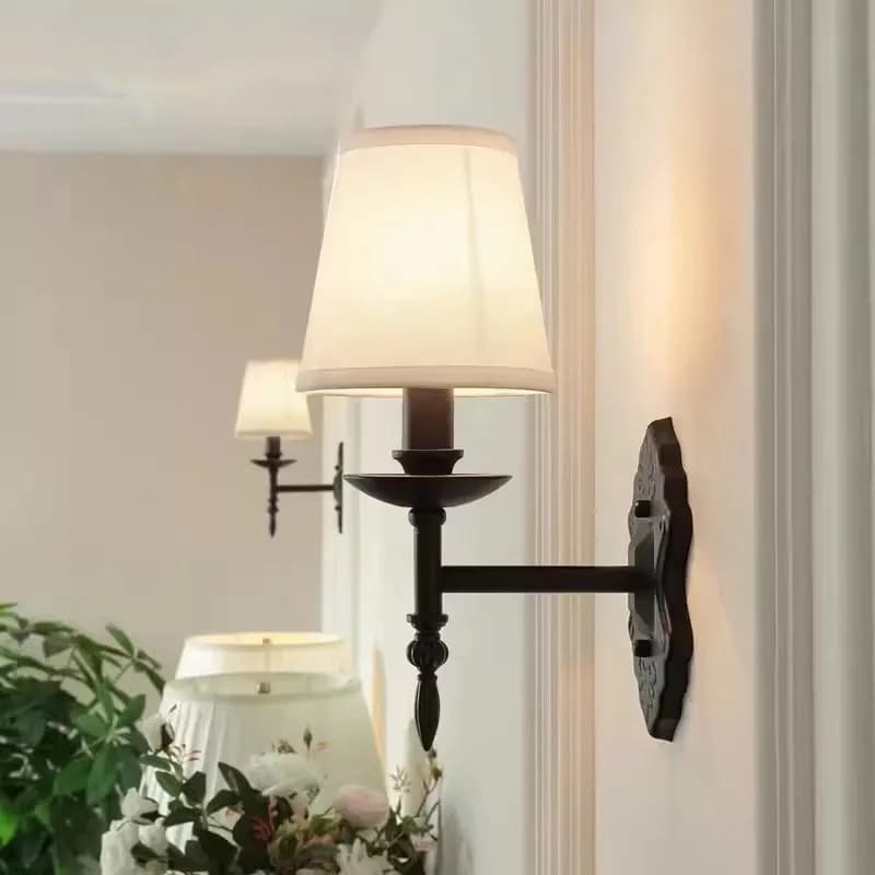 American wall lamp in black iron retro living room bedroom bedside table hotel European country studio wall sconce in fabric E14