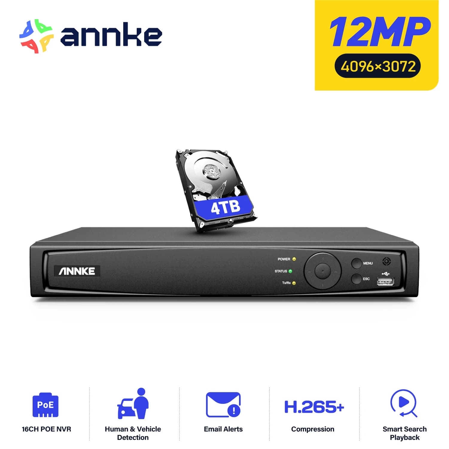 ANNKE 12MP POE NVR Network recorder 4/8/16CH POE P2P Camera NVR Cloud Function Supports up to 16 IP 4K cameras