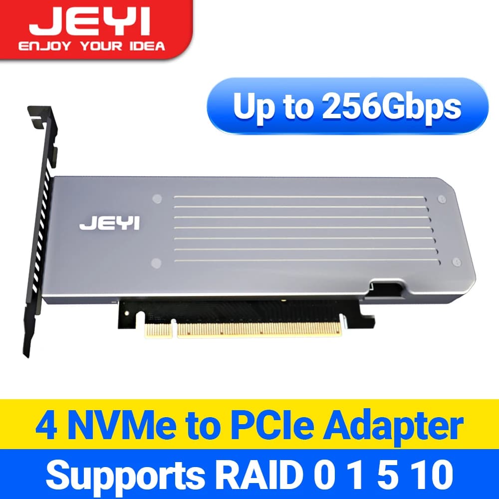 JEYI 4 SSD M.2 X16 PCIe 4.0 X4 Expansion Card with Heatsink, Supports 4 NVMe M.2 2280 up to 256Gbps, Support Bifurcation Raid