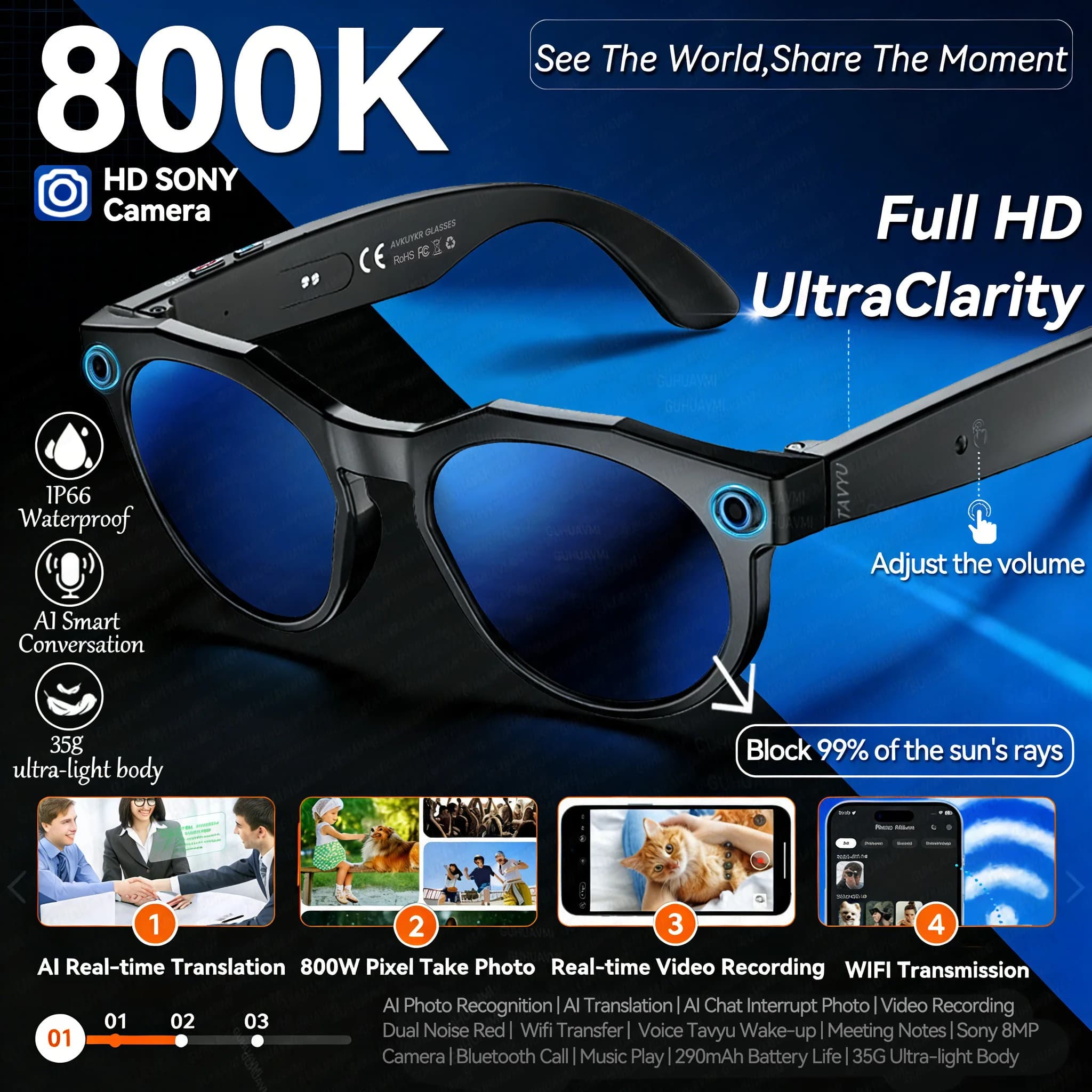 Intelligent AI glasses with 8 MP camera Video recording 100+ languages Translation Sunglasses Call Bluetooth Musical Reproduction Man Woman 2026
